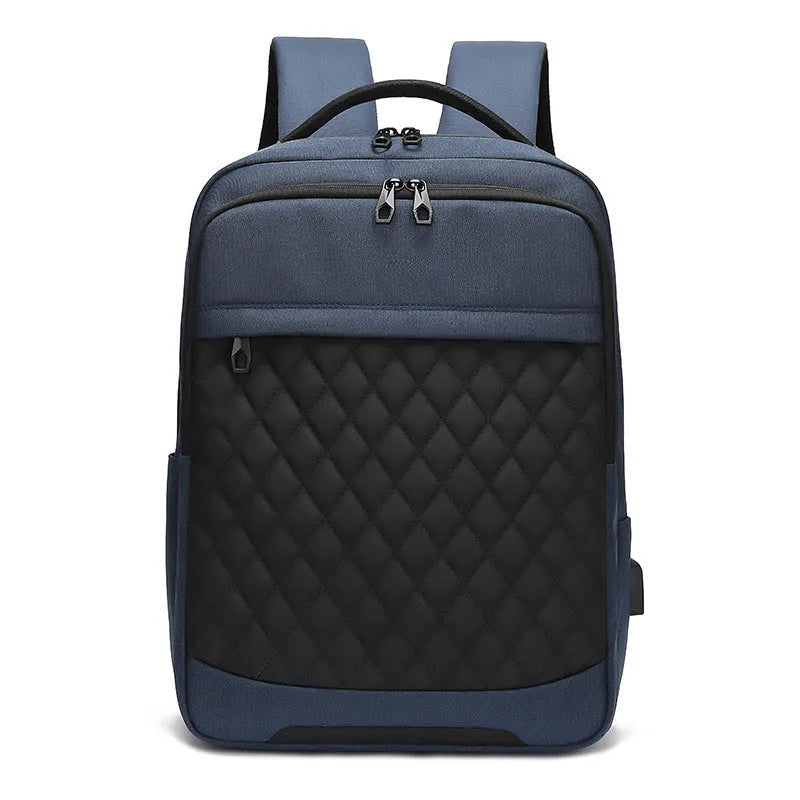 Men's solid colour Oxford cloth travel backpack with curved straps and diamond mesh detail, shown in grey.