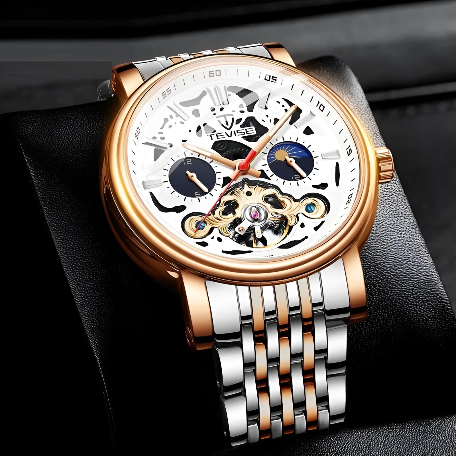 Men's tourbillon mechanical watch with luminous hands on a black dial, showing a 16.5mm thick case.