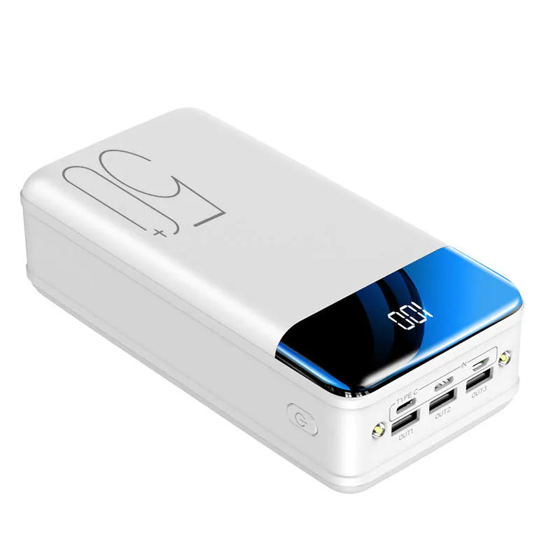 Large black or white 50000mAh power bank showing three USB output ports.
