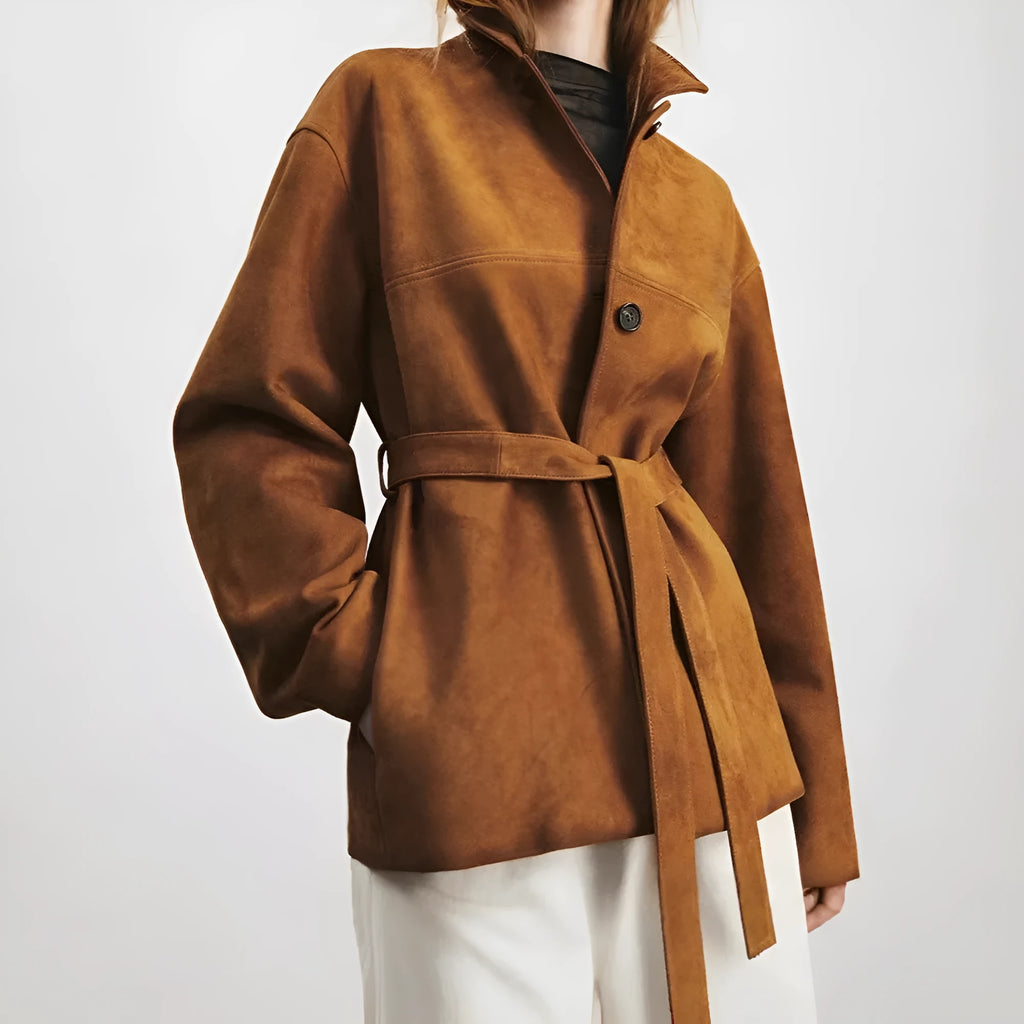 Loose retro-style caramel mocha cashmere coat with Peter Pan collar and leather stitching details