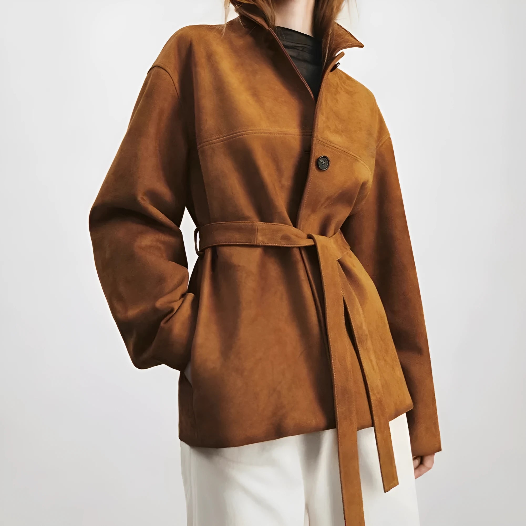 Loose retro-style caramel mocha cashmere coat with Peter Pan collar and leather stitching details