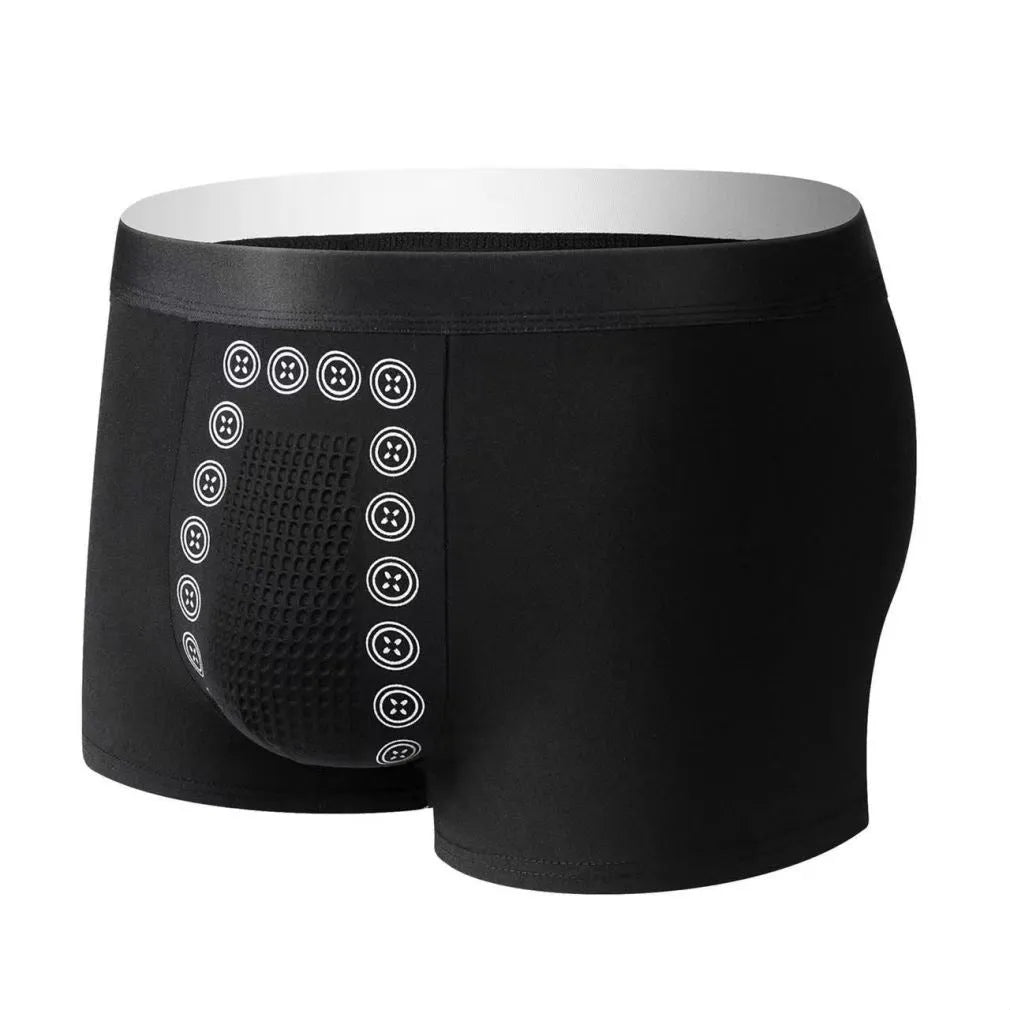 Men's solid colour mid-waist underwear made from milk silk fabric with integrated massage particles.
