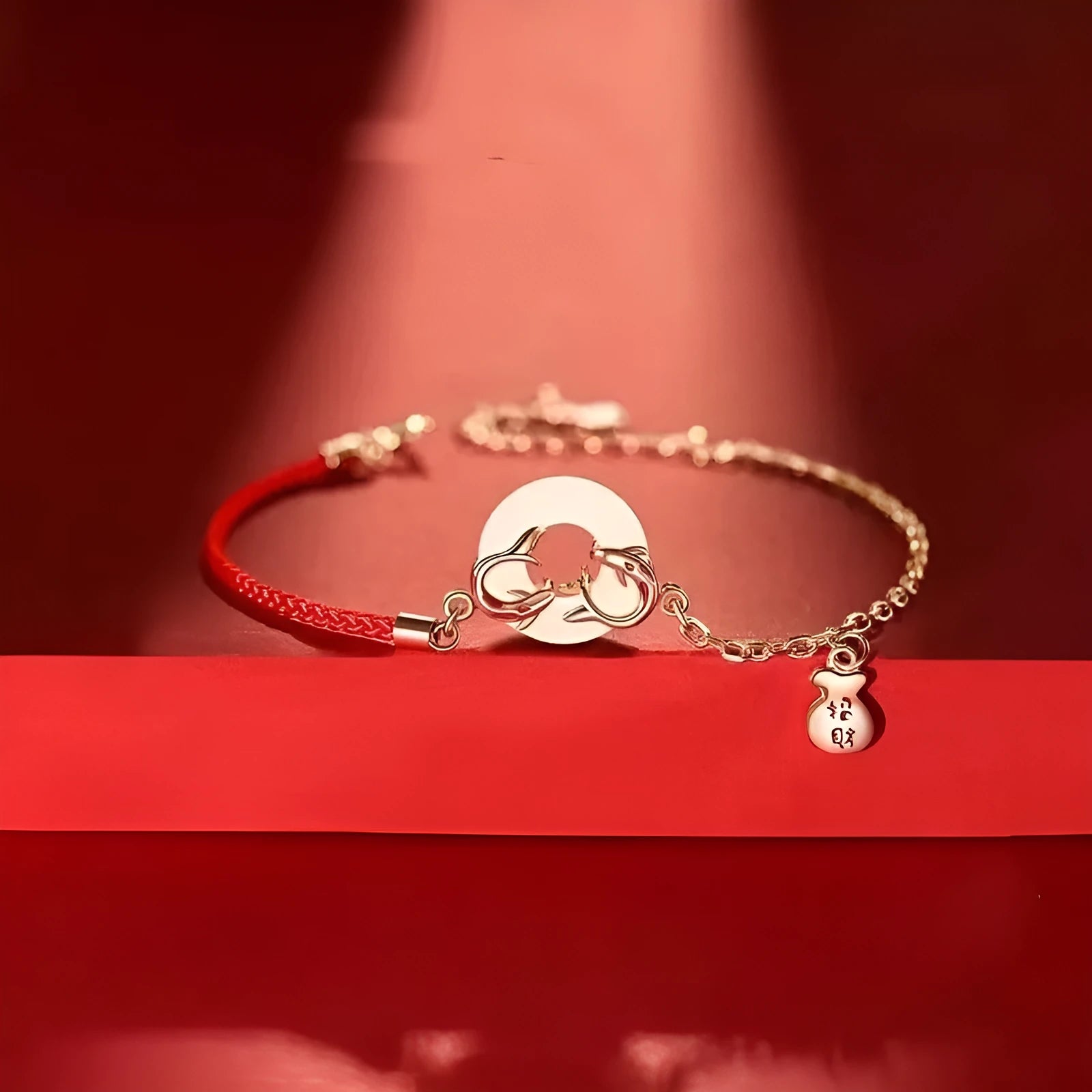 Festive koi bracelet with red rope adjustable closure and peace buckle on mixed materials