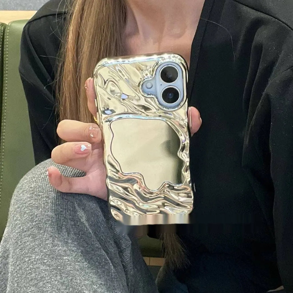 Solid colour phone case with a built-in mirror for iPhone models, shown in beige and purple.