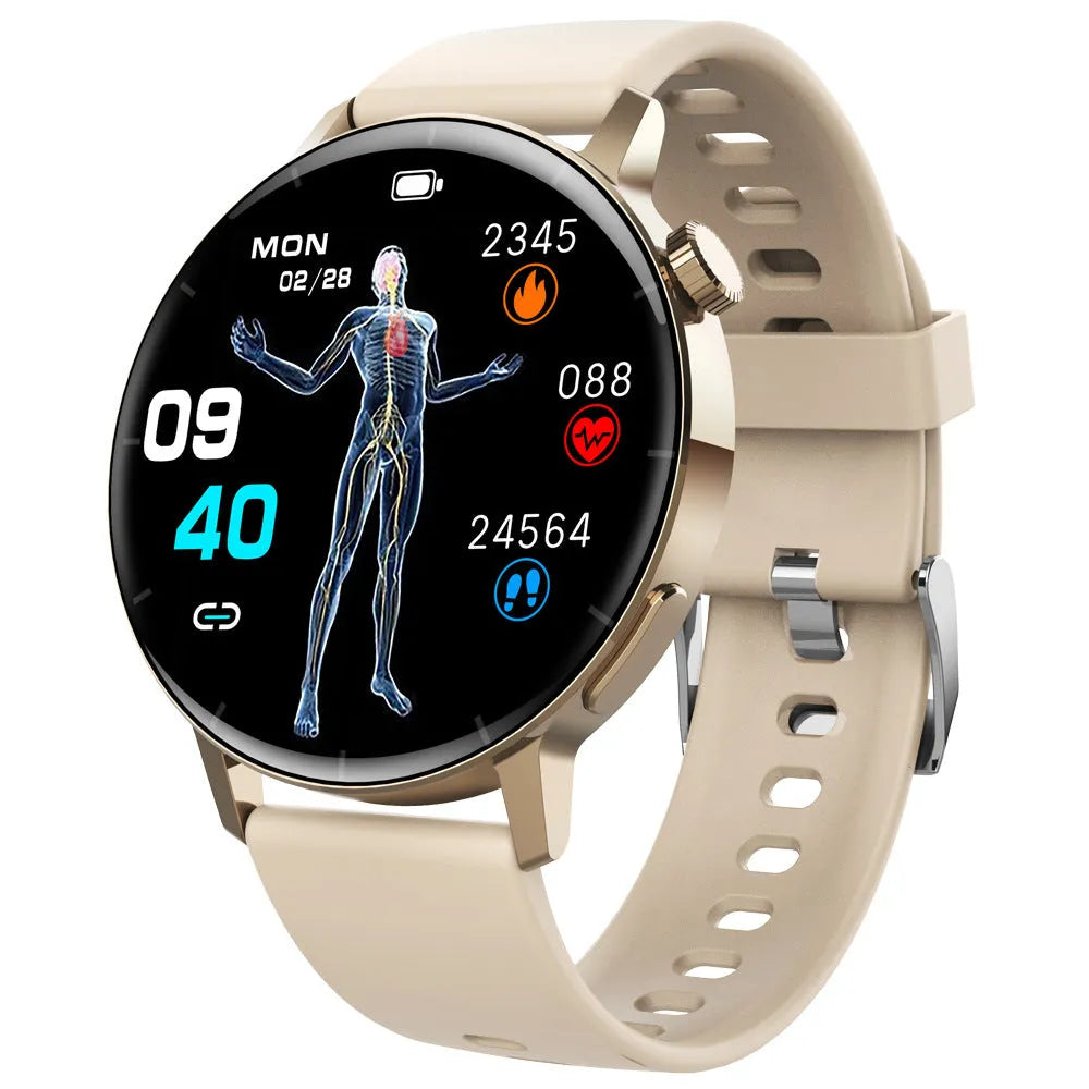 F67S smart watch with blood glucose monitoring on wrist showing touch screen display
