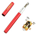 Collapsed and extended view of a gold portable telescopic pocket fishing rod kit with drum.
