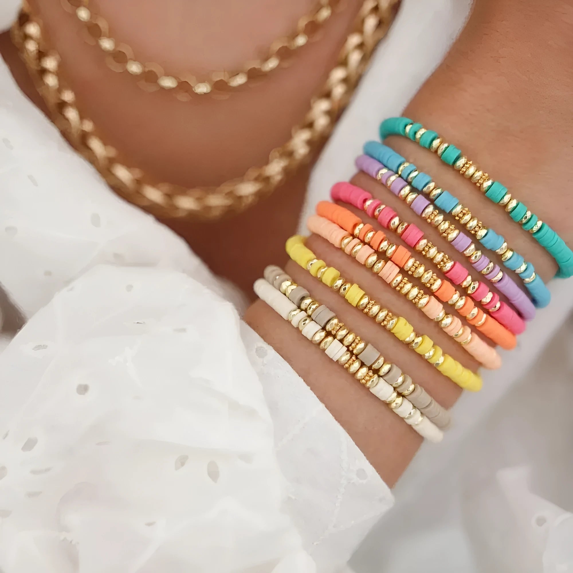 Bohemian polymer clay bracelet set 9 pieces geometric round summer beach women colour ZJ11501