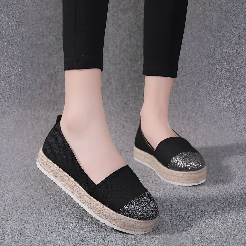 Plus size black and beige canvas slip-on shoes with round toe and cloth upper