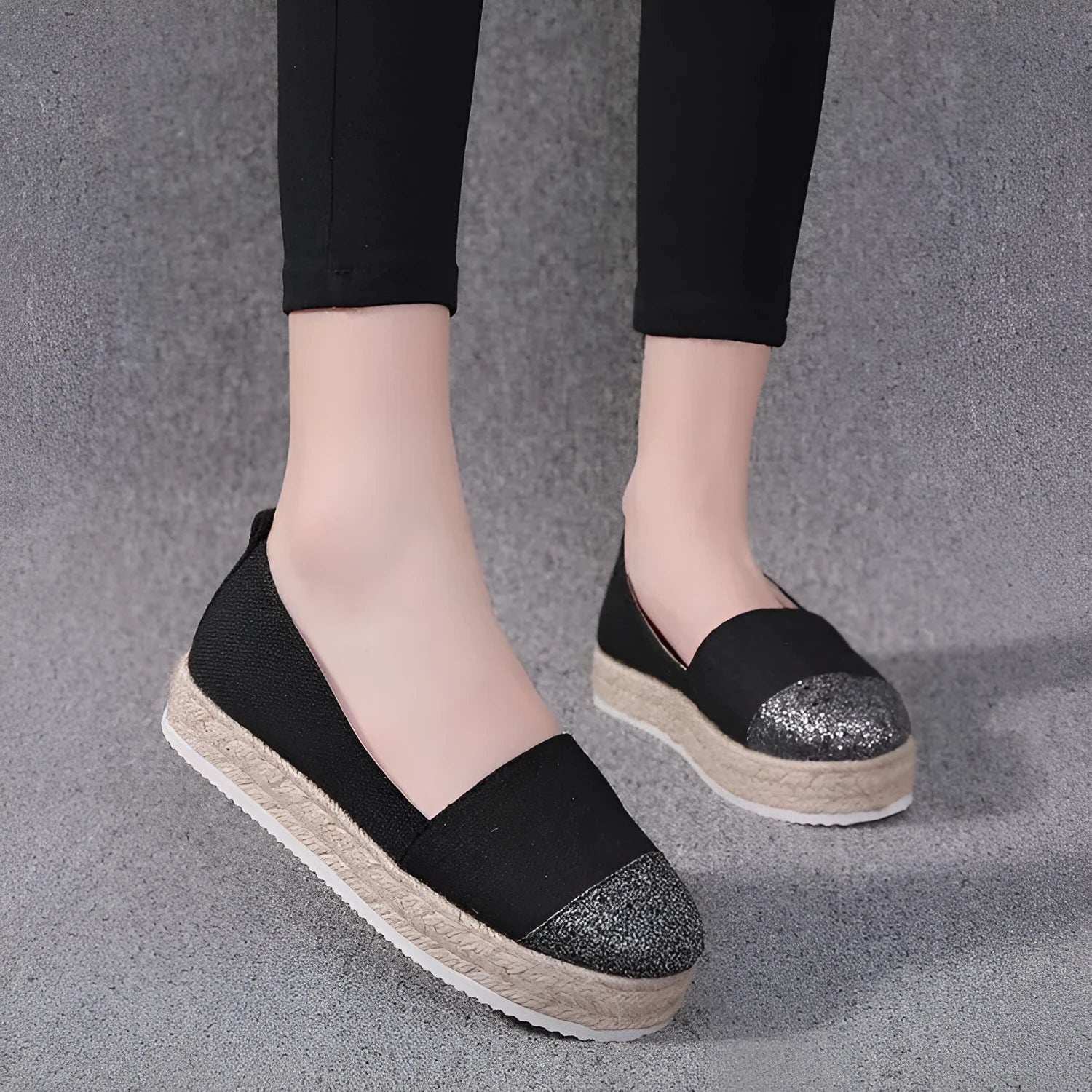 Plus size black and beige canvas slip-on shoes with round toe and cloth upper
