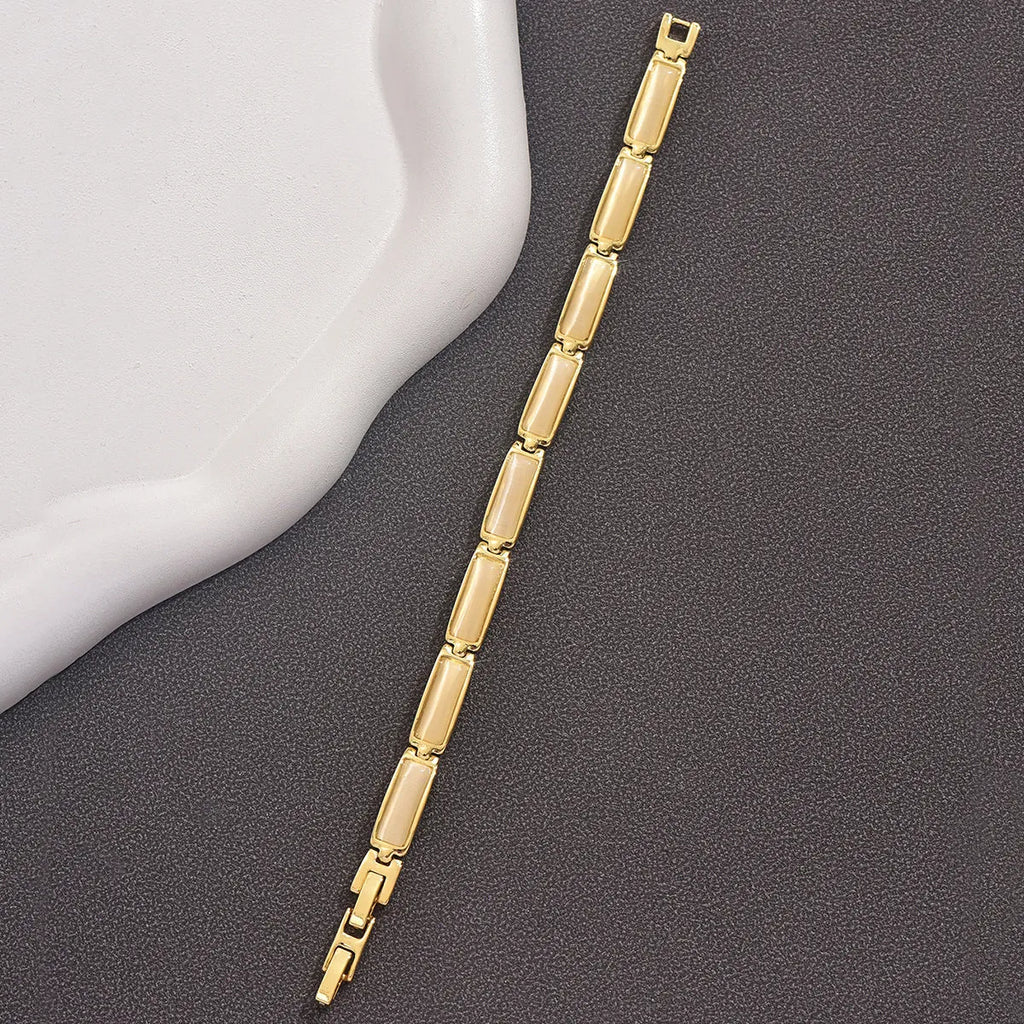 Geometric rose gold alloy bracelet with gemstone inlay for women, quadrilateral shape