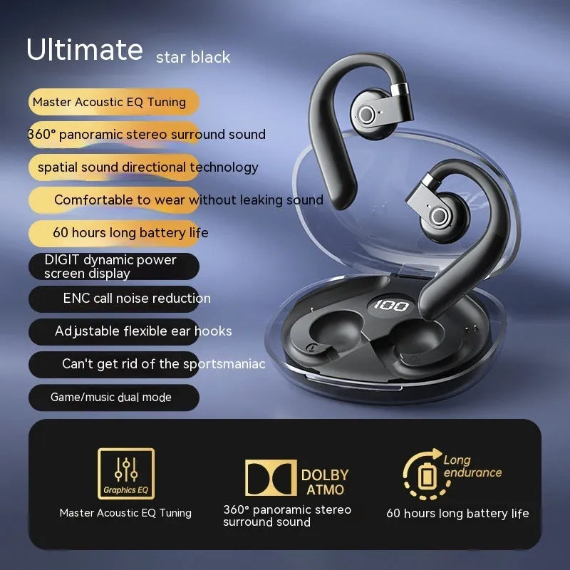 Black ear-mounted non-in-ear Bluetooth headset with charging case and cable