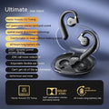 Black ear-mounted non-in-ear Bluetooth headset with charging case and cable