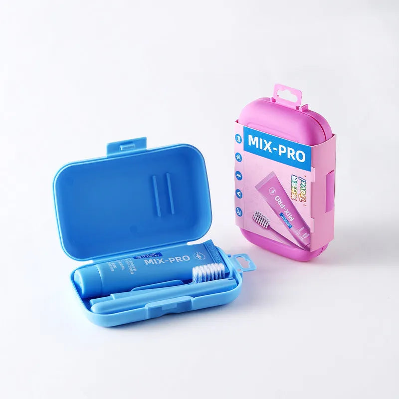 Portable travel toothbrush toothpaste set in blue and pink, compact oral care kit for adults