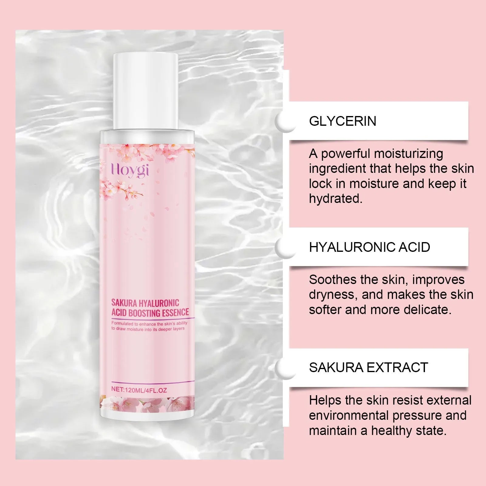 Hyaluronic acid moisturising lotion bottle with 120ml capacity containing cherry blossom extract