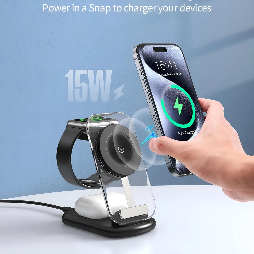 Transparent folding magnetic three-in-one wireless charger in black, showing fast charge QC3.0 and 18W output details.