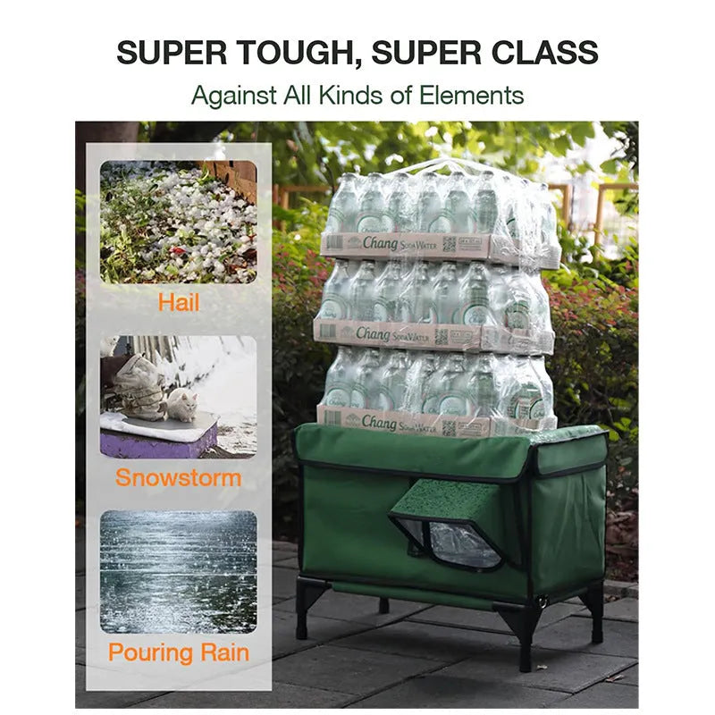 Green outdoor heated insulated foldable cat house made of 900D PVC with charger, available in S M L sizes