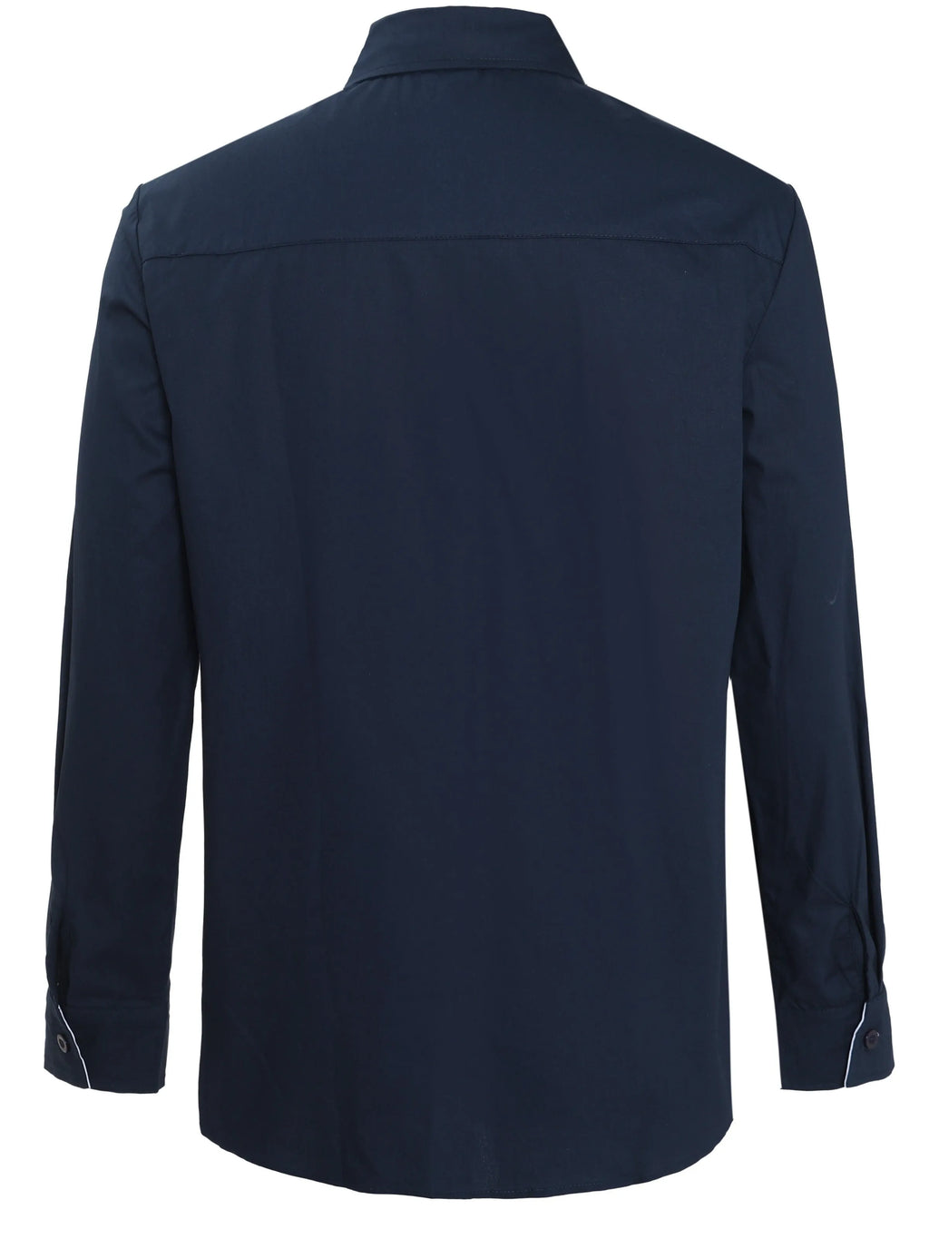 Men's navy blue long-sleeved casual shirt with contrasting colours and button-down front, sizes S to XXXL.