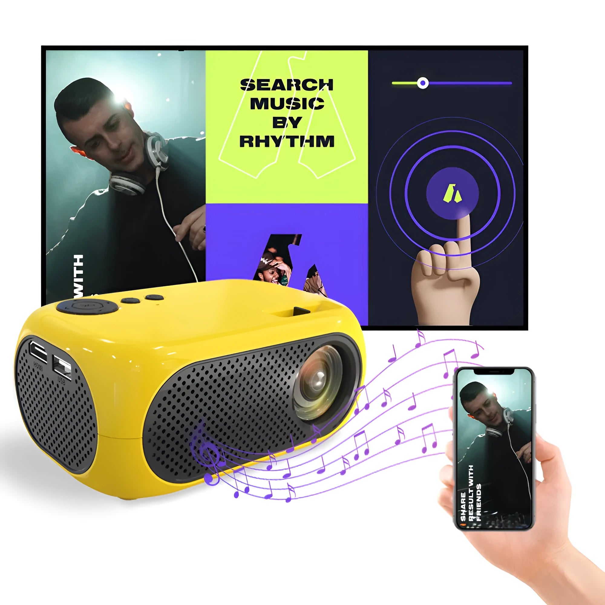 M24 portable mini LED projector in gold or white, showing compact size and included accessories.