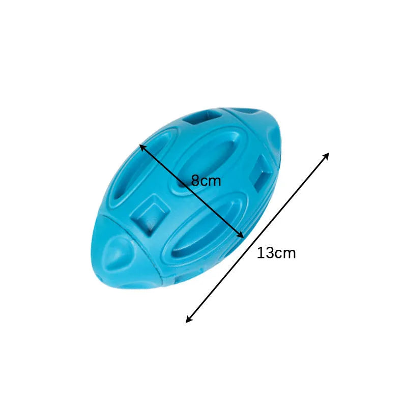 Blue, green, and orange squeaky rubber dog ball with surface grooves for aggressive chewers