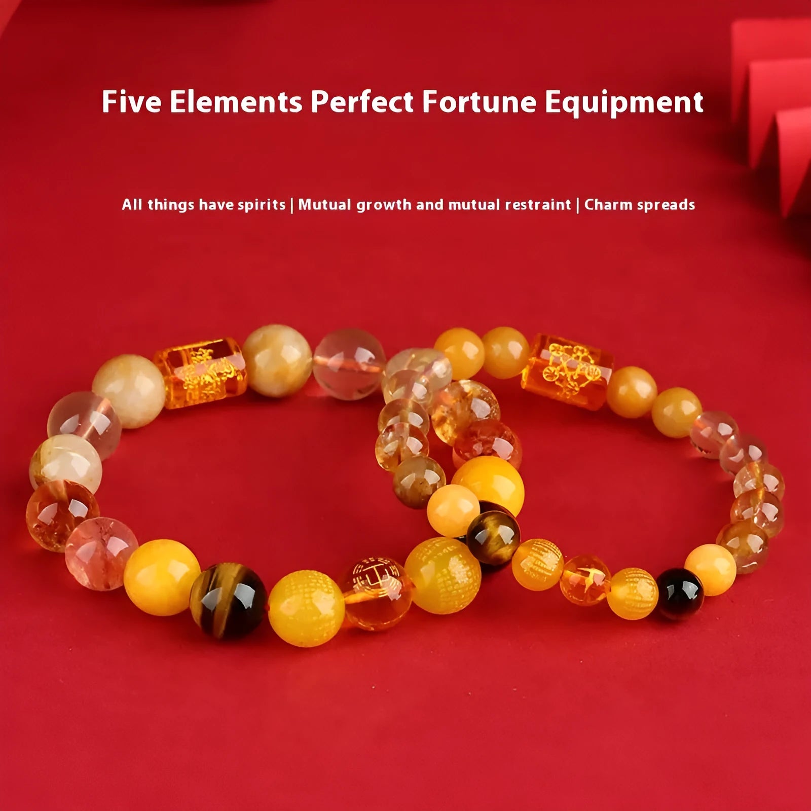 Handmade Five Elements crystal bracelet showing gold wood water fire soil colours