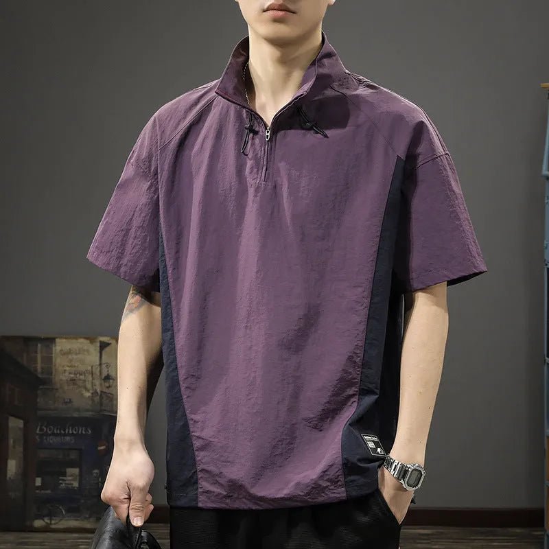 Brown men's half-zip stand collar short-sleeved T-shirt made from Ice Silk fabric.