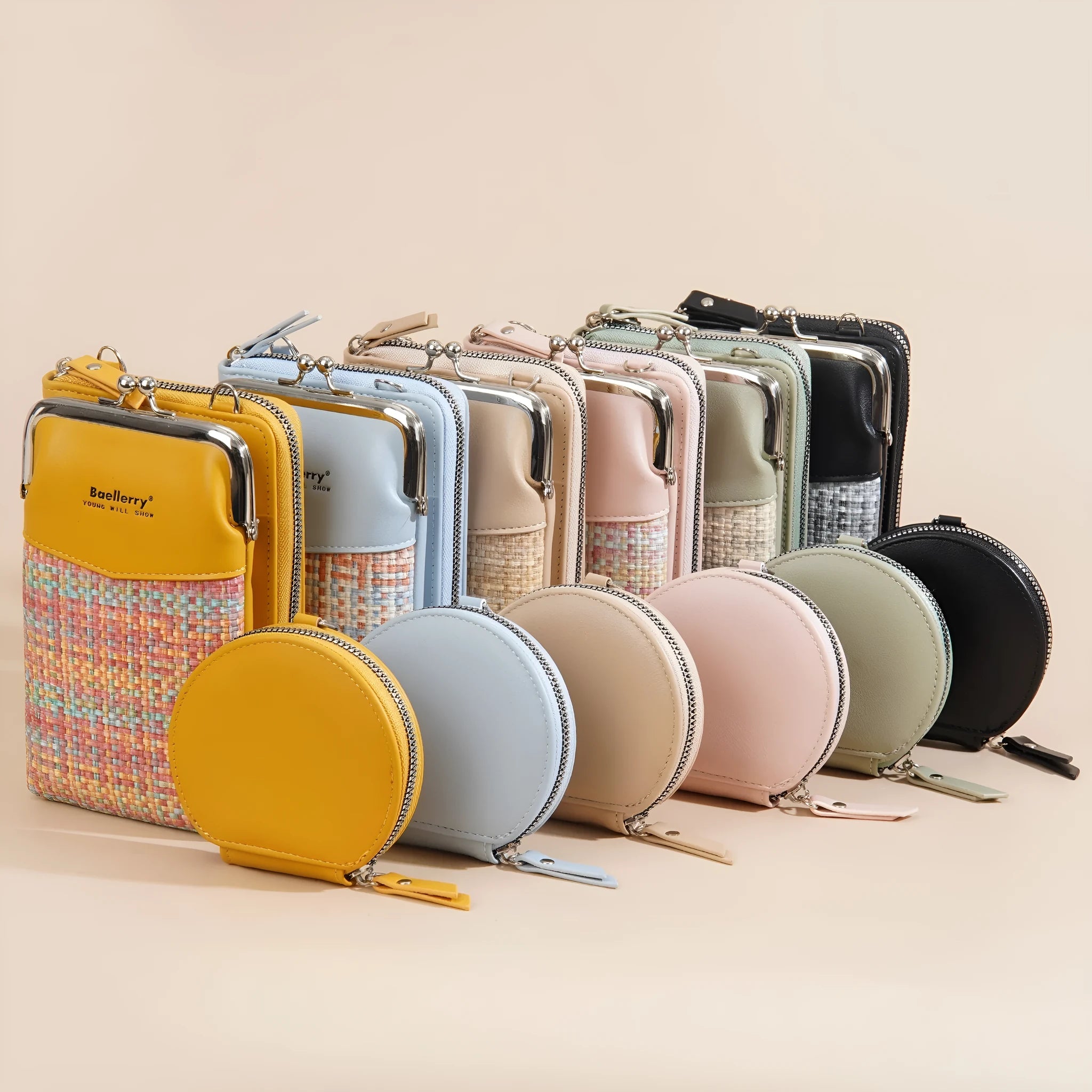 Women's crossbody phone bag mini satchel in square vertical model showing apricot colour option
