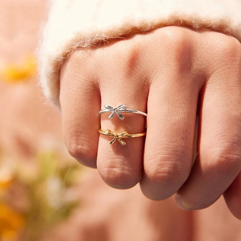 S925 sterling silver bow open ring with adjustable band in silver or gold