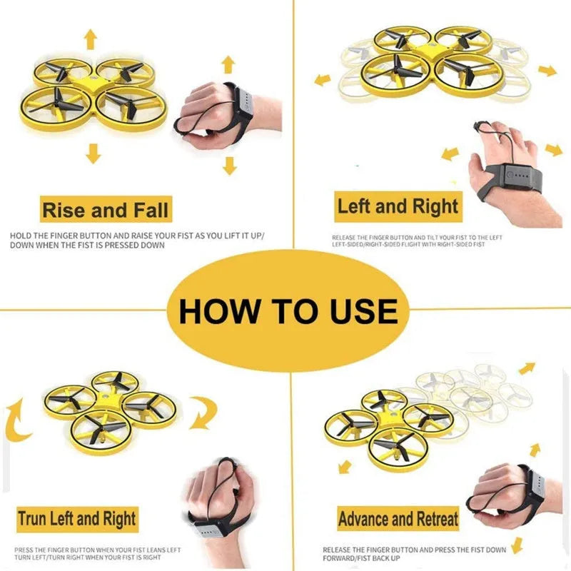 Gesture sensing flying saucer toy with ABS plastic body and four-axis design on white background