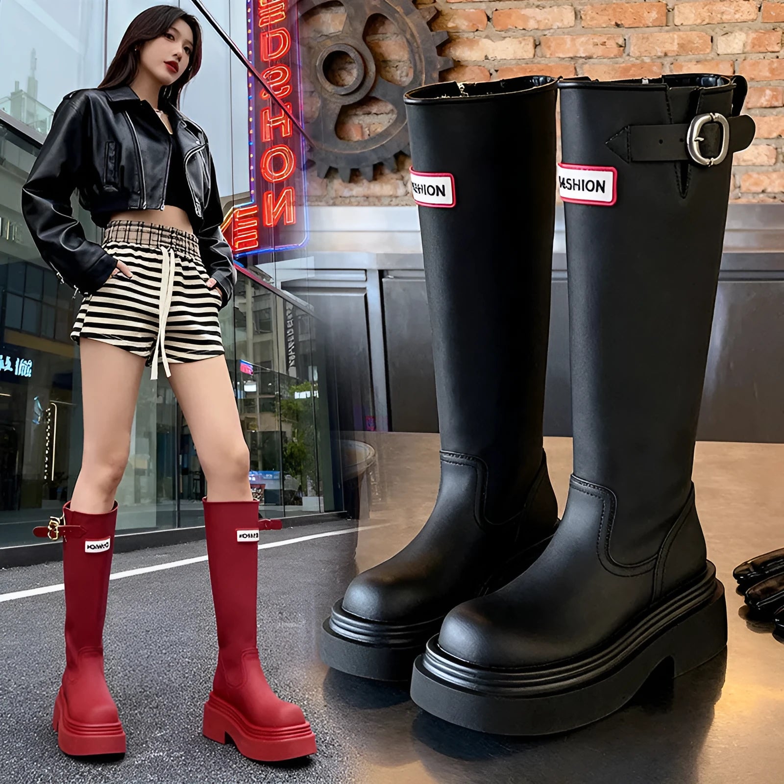 Women's mid heel chunky boots in red, microfiber upper, round toe, thick sole with honeycomb bottom side view