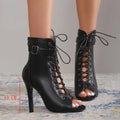 Women's black PU leather peep toe Roman sandals with fish-mouth toe bracket, 7cm or 10cm high heel, sizes 35-43