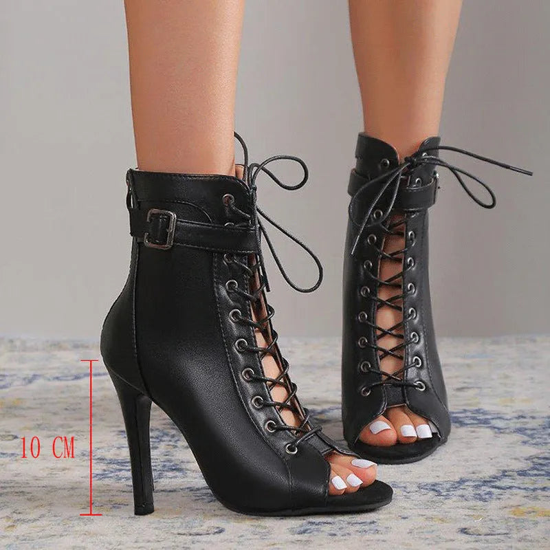 Women's black PU leather peep toe Roman sandals with fish-mouth toe bracket, 7cm or 10cm high heel, sizes 35-43