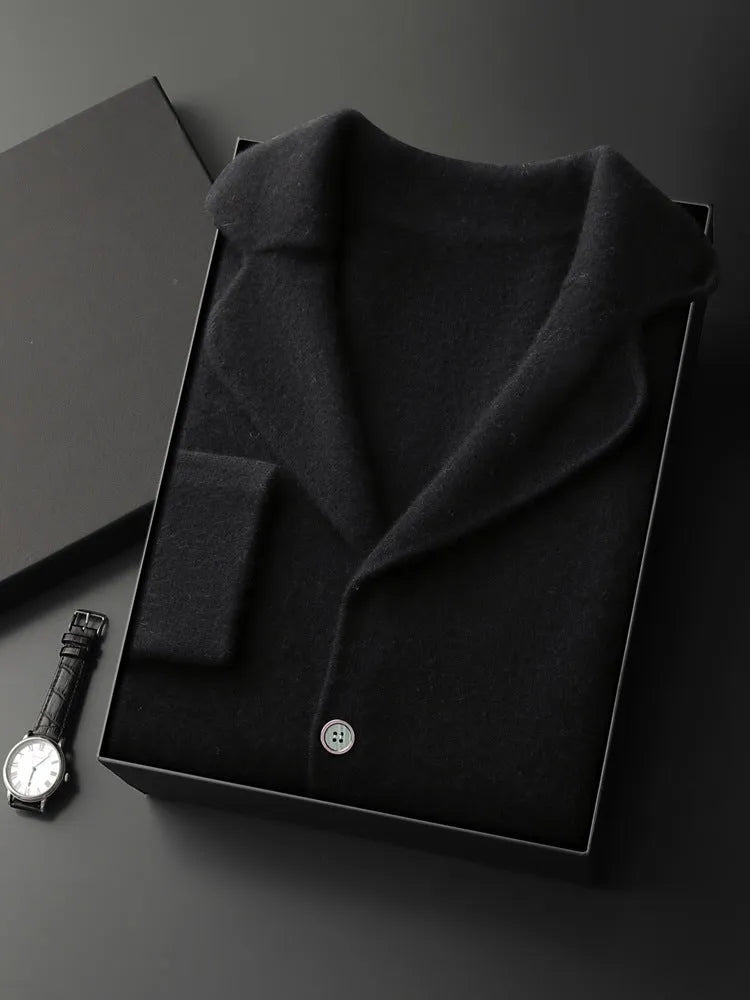 Men's cashmere lapel cardigan knitted jacket in light grey colour showing thickening construction