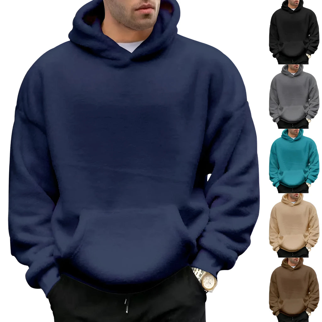 Double-sided velvet hooded sweater for men in plush fabric with side pocket, pullover style, available in multiple colours including navy blue and gray