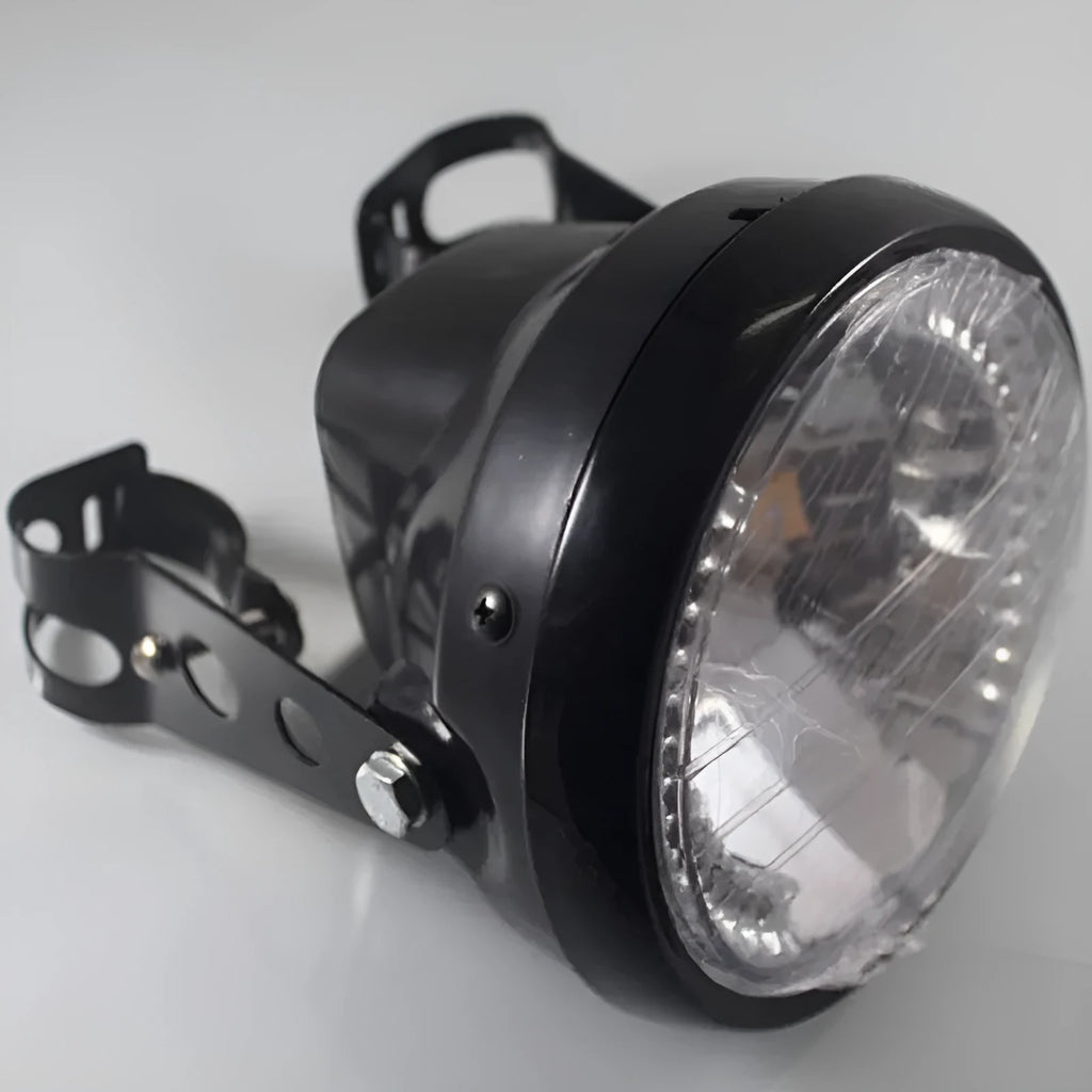 7-inch universal motorcycle headlight with integrated LED turn signals in black housing with black bracket