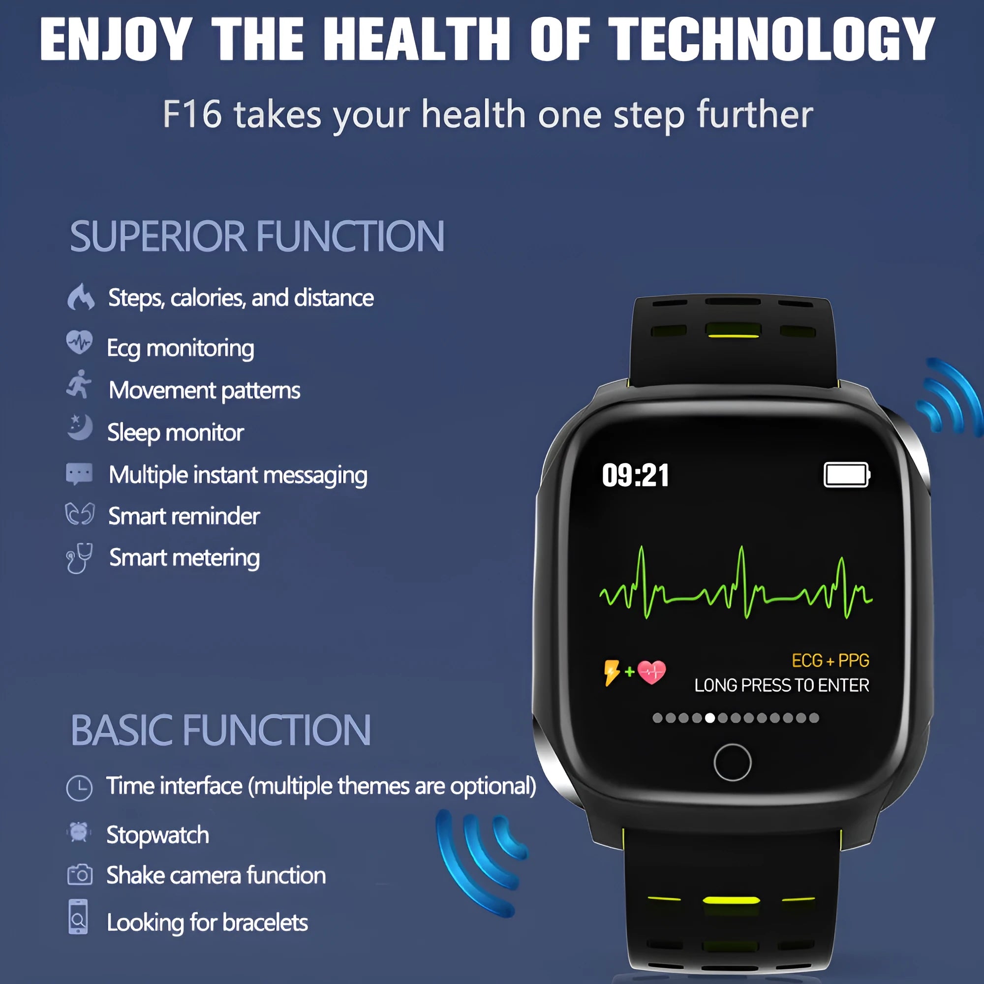 F16 smart watch with ECG monitor on a silicone wristband, showing black grey colour option.