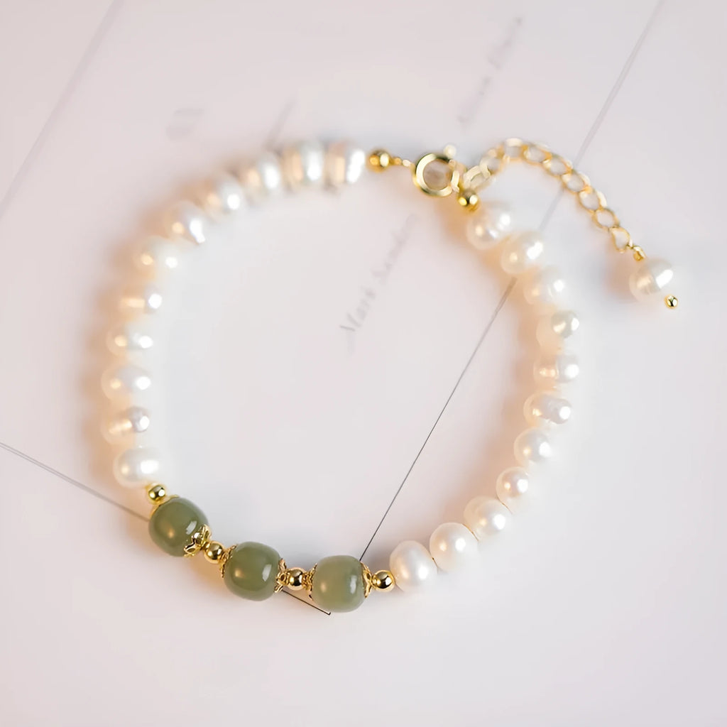 Korean style freshwater pearl bracelet with diamond shapes in deep or light Hetian jade colour.