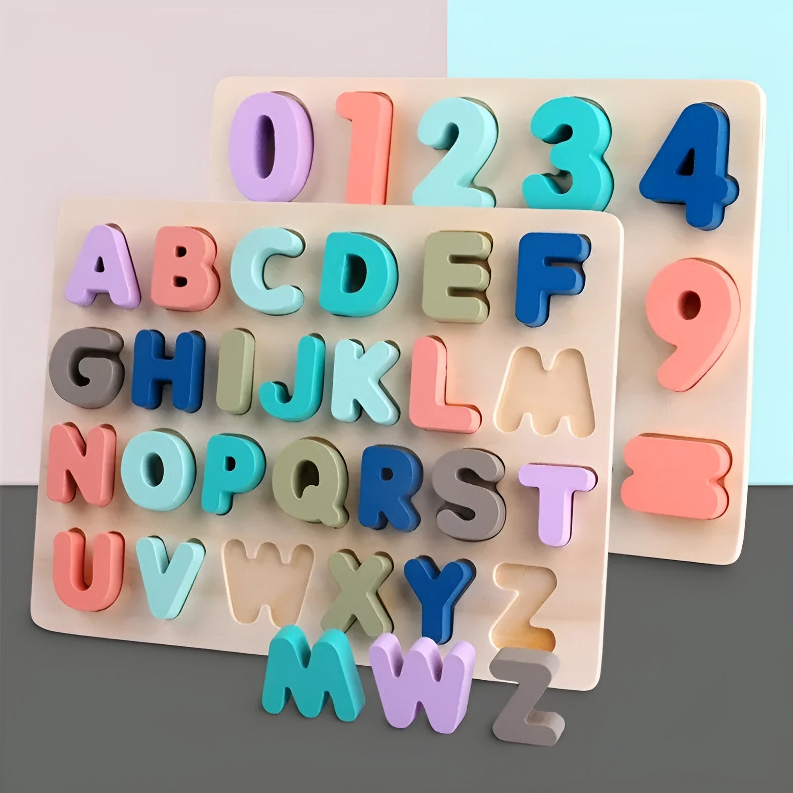 Children's wooden jigsaw puzzle macaron shape recognition board with grab pieces on a table