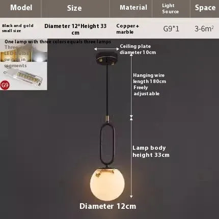 Nordic creative living room wall light with marble shade and copper fixture in black 12cm size