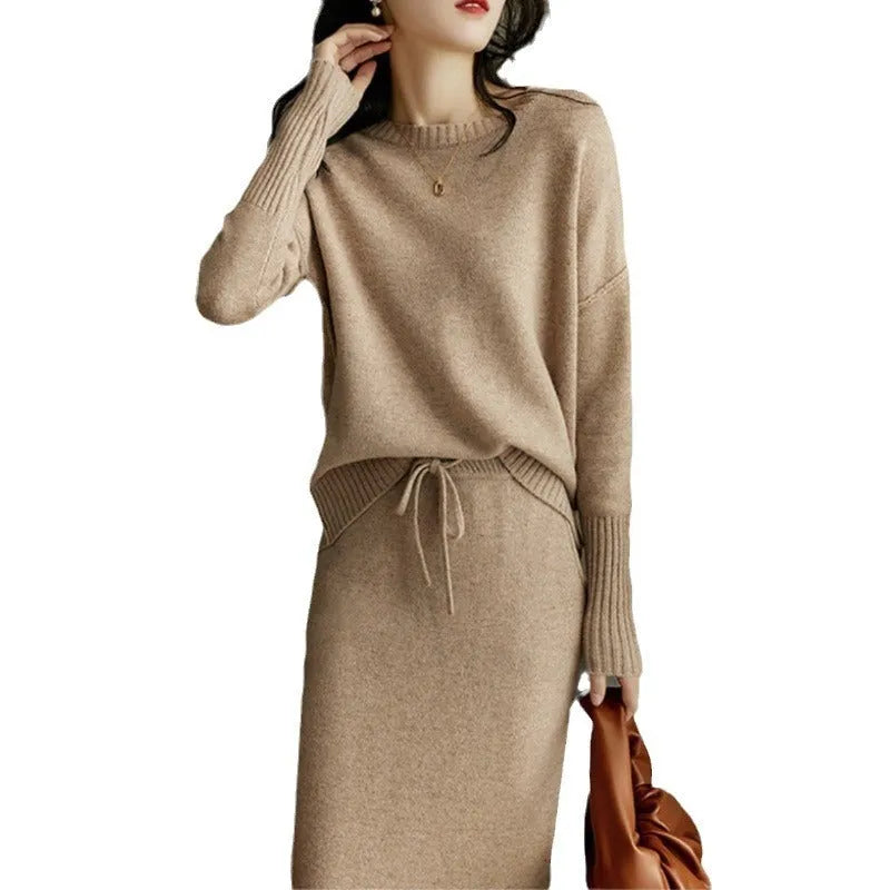 Women's knitted loose top and mid-length skirt two-piece set in coffee colour with long sleeves and tie-dye pattern
