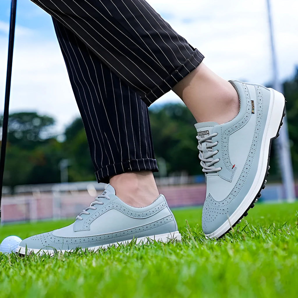 Men's Lake Blue and White genuine leather golf shoes with non-slip rubber outsoles.
