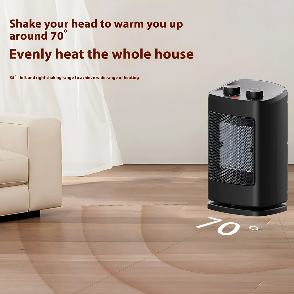 Small black PTC ceramic desktop heater with three fan speeds and tip-over safety switch