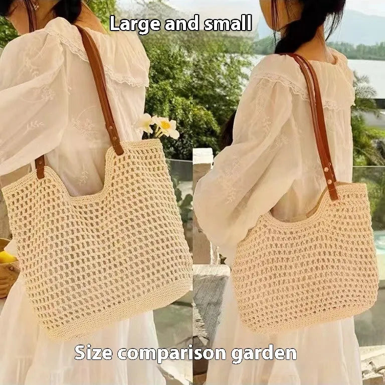 Beige woven cotton linen shoulder bag shown in small and large sizes with magnetic snap and zipper closure options