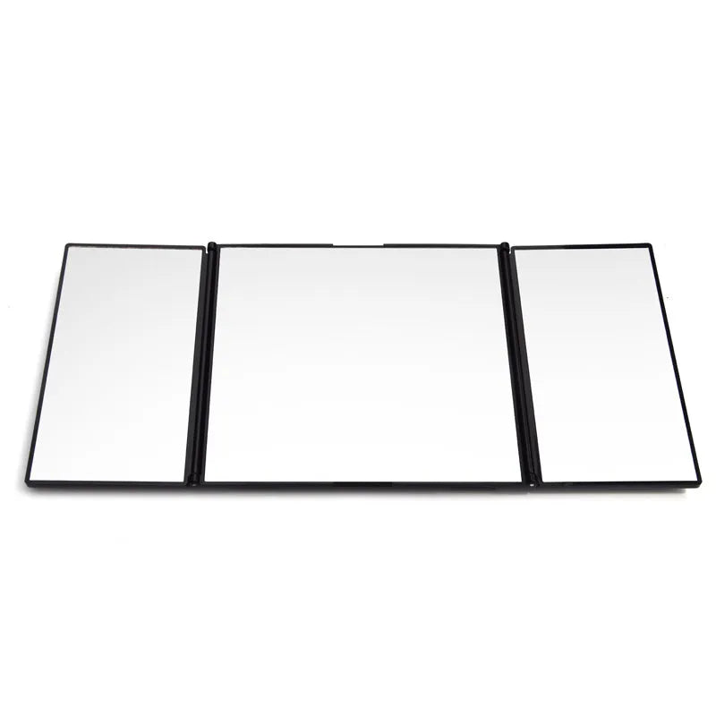 Silver car folding makeup mirror showing folded and opened positions with ABS frame and glass mirror