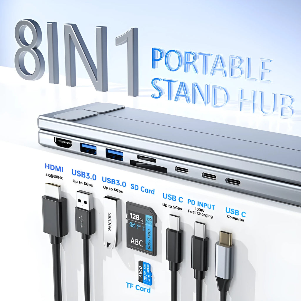 Aluminium alloy folding 8-in-1 HDMI docking station laptop stand with 0.6m cable