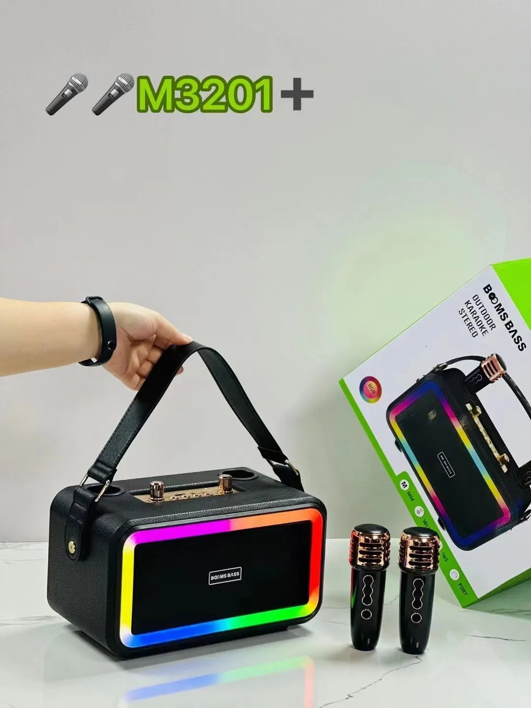 M3201 portable Bluetooth speaker in black, dark brown, or orange red with two microphones.