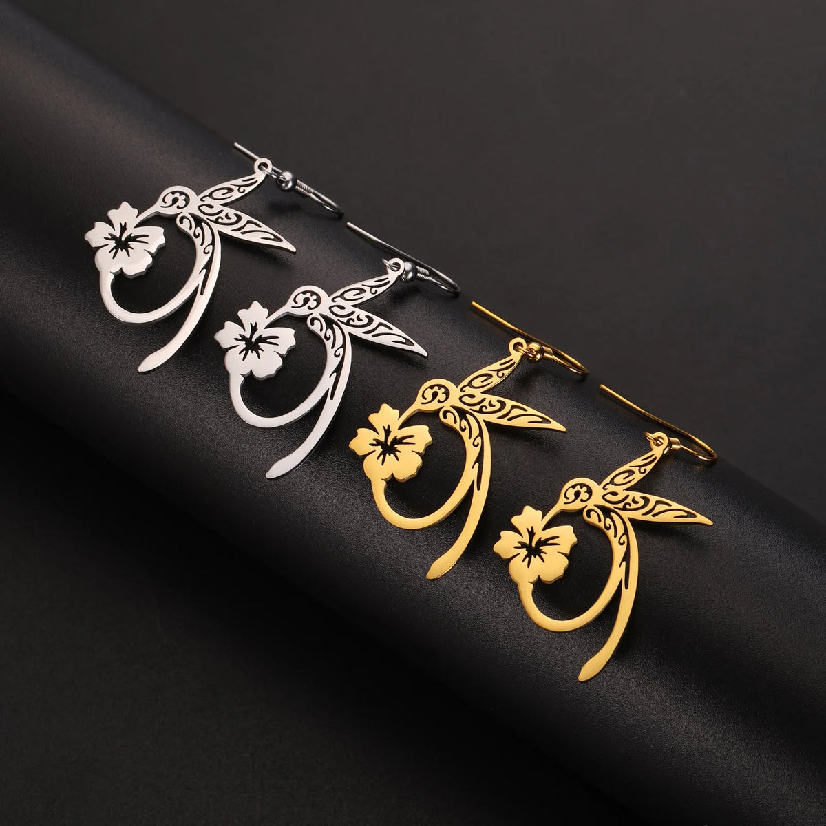 Hollow hummingbird stainless steel earrings for women in gold colour option