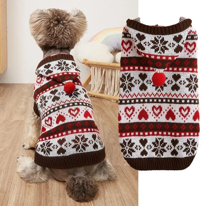Acrylic knitted dog sweater for small breeds in snowflake, love heart and striped camouflage patterns