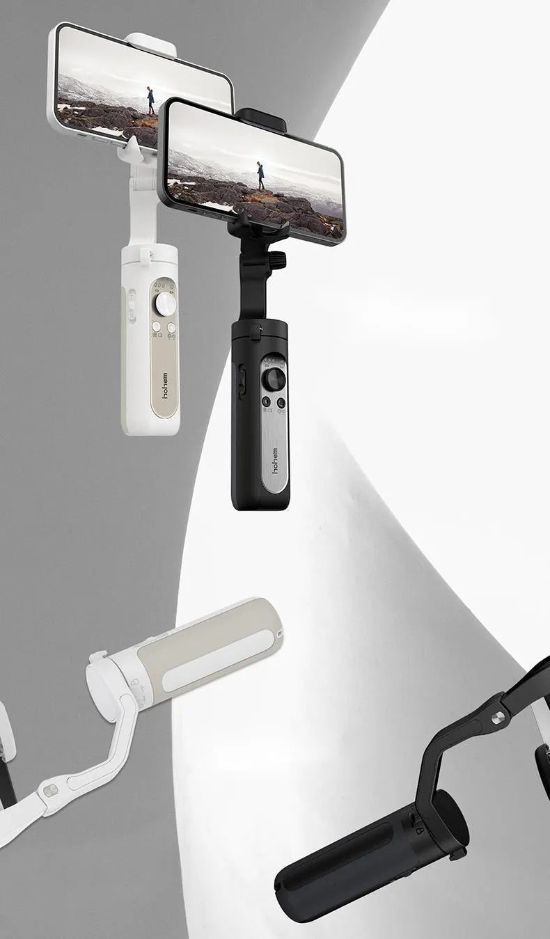 Black 3-axis smartphone stabilizer folded to 179mm size with USB port visible