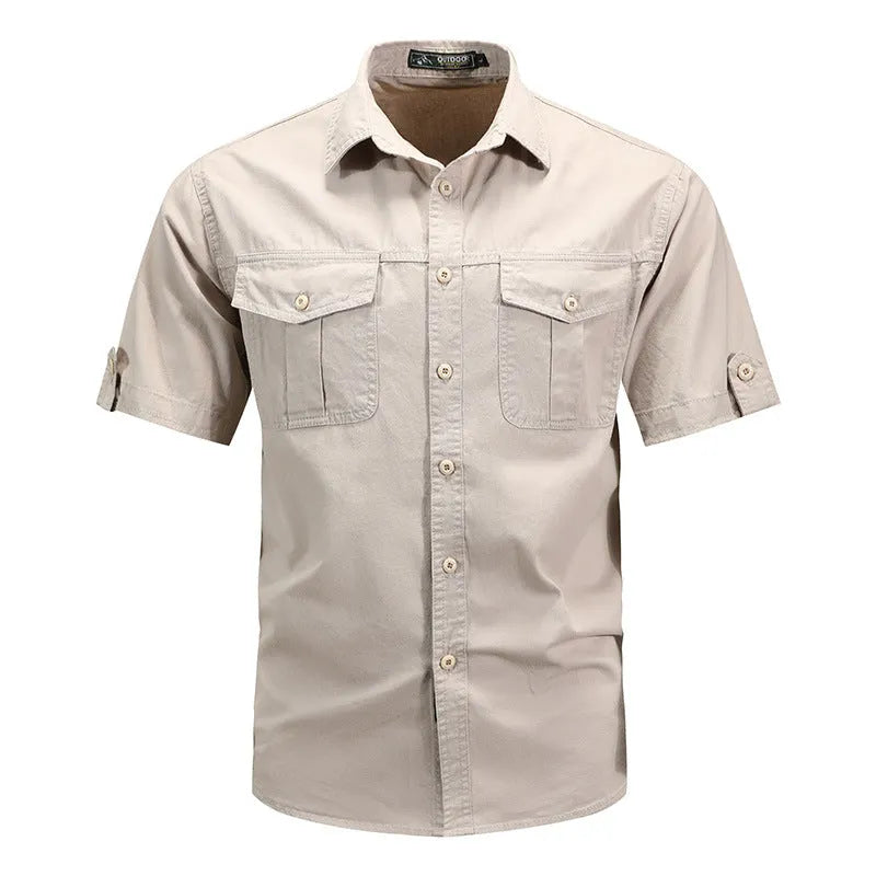 Men's short sleeve cotton cardigan shirt in khaki colour, front view, sizes M to 5XL