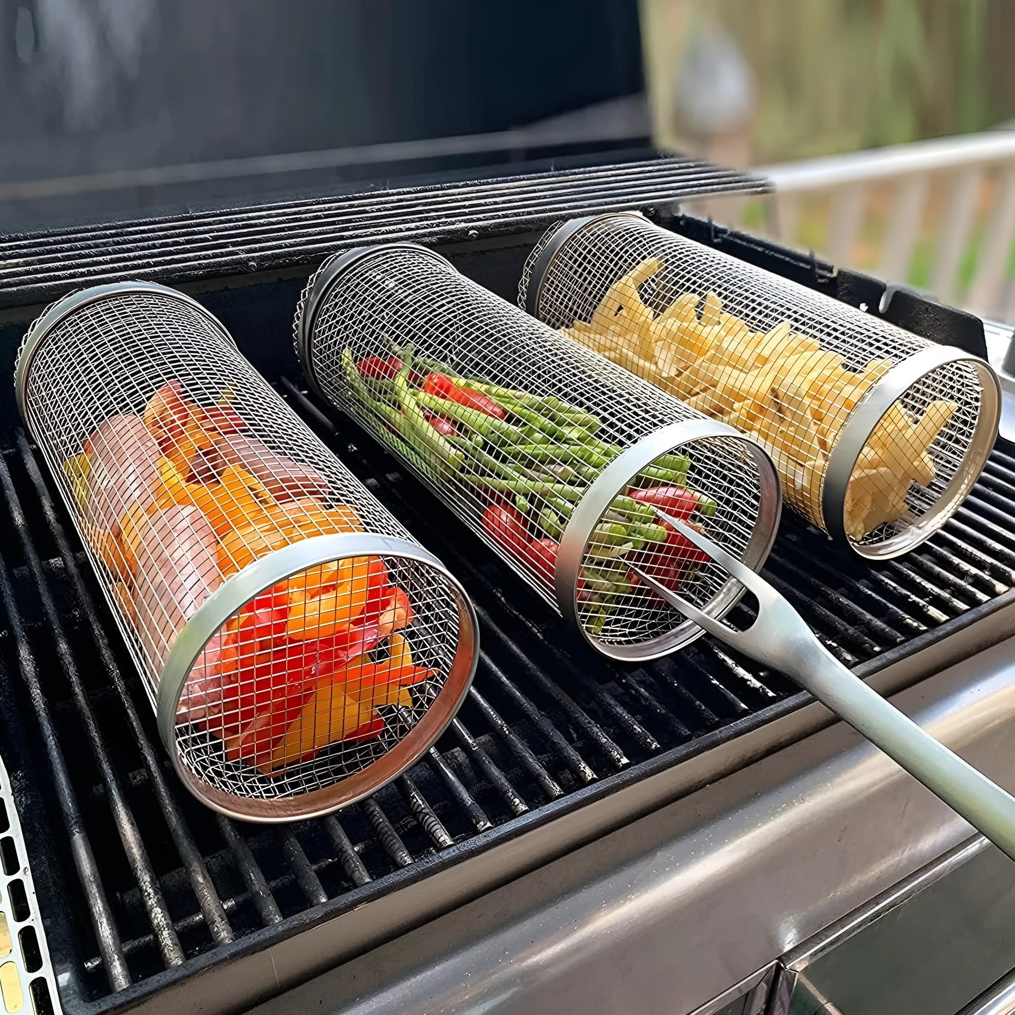 Cylindrical iron wire rolling barbecue grilling basket with a metal hook.